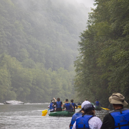 Group of people rafting on a foggy river surrounded by trees