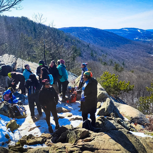 Group of people standing on a rocky outcrop with a scenic mountain view in the background.