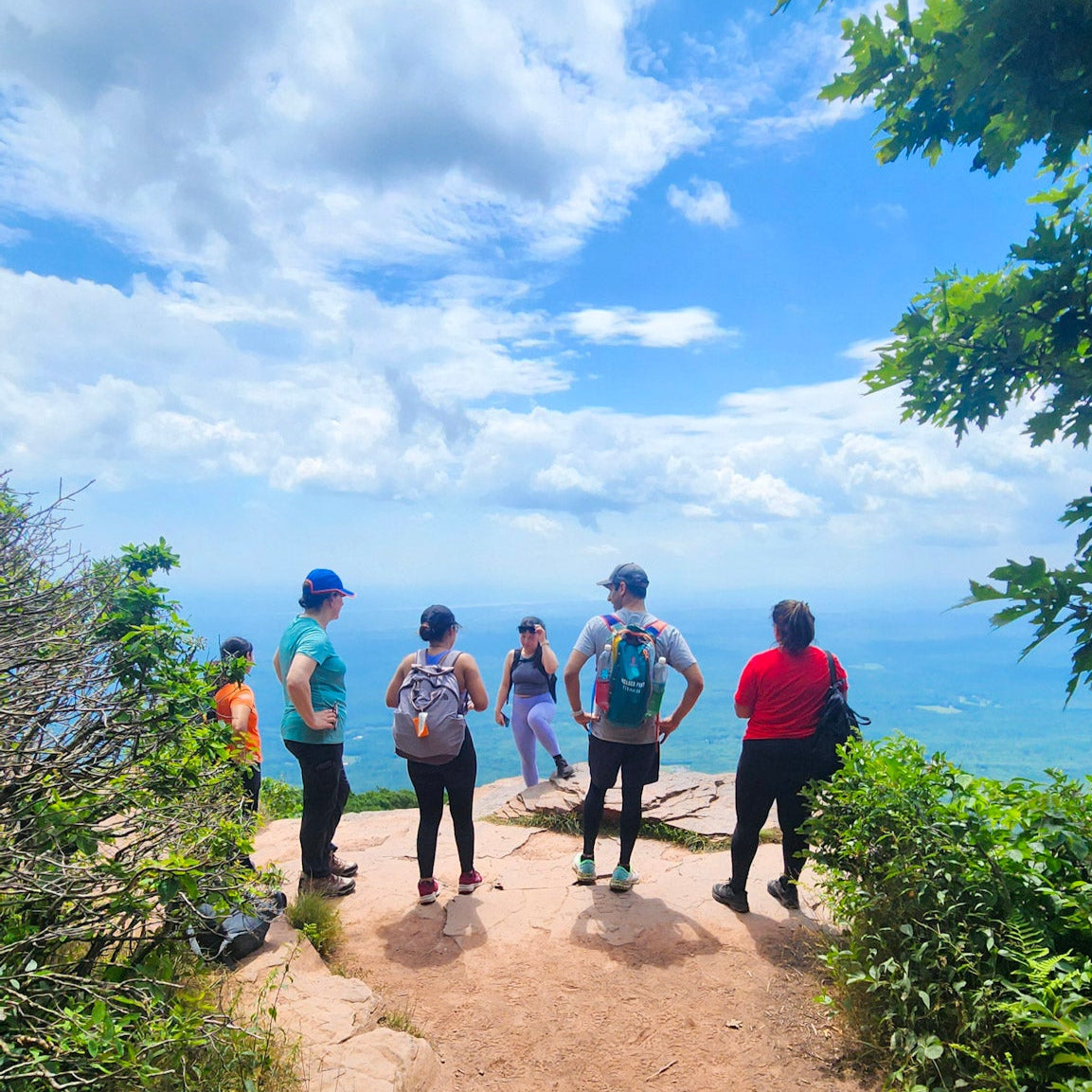 Group of hikers on a mountain trail with a scenic view and blue sky.