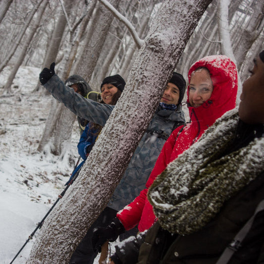 People in a snowy forest with one person in a red coat holding onto a tree.