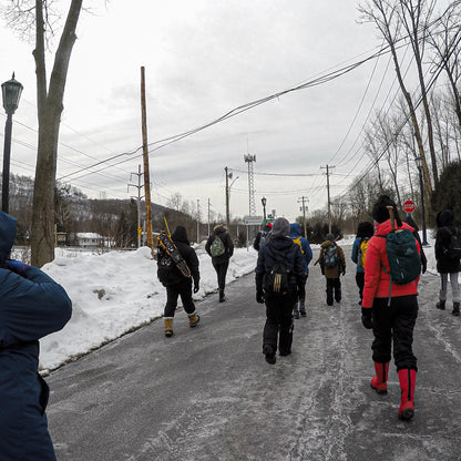 People walking on a snowy road with a cloudy sky